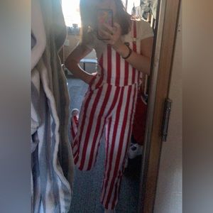 Red and white striped Game Bibs overalls